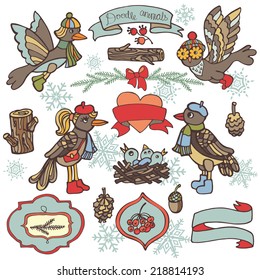 Cartoon birds and woodland element. Cone,Nest with Chicks,wood,ribbon,branches,acornlabel,spruce,wood. Funny forest winter set for design template.Vector