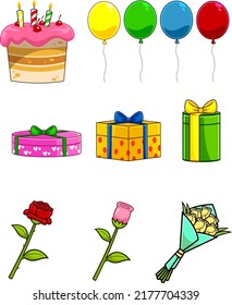 Cartoon Birthday Accessories. Vector Hand Drawn Collection Set Isolated On White Background