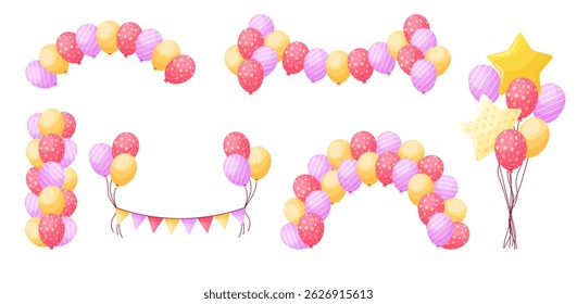 Cartoon birthday balloon garland, arch, column, bouquet, vector set illustration. Glossy colorful helium balloons decoration with pattern. Party, festive, celebration clip-art isolated