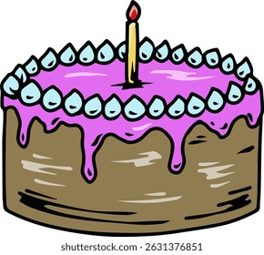 Cartoon birthday cake with brown layers, purple dripping frosting, blue decorations, and a single lit yellow candle. Perfect for festive designs.