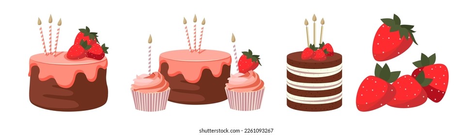 Cartoon birthday cake cupcake with strawberry and candles stand for celebration design. Colorful cartoon vector illustration. Sweet holiday food.