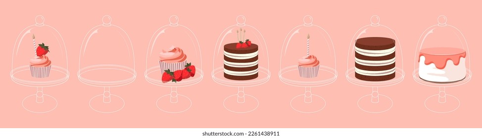 Cartoon birthday cake cupcake with strawberry and candles stand for celebration design. Colorful cartoon vector illustration. Sweet holiday food.