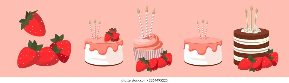 Cartoon birthday cake cupcake with strawberry and candles stand for celebration design. Colorful cartoon vector illustration. Sweet holiday food.
