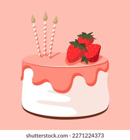 Cartoon birthday cake cupcake with strawberry and candles for celebration design. Colorful cartoon vector illustration. Sweet holiday food.