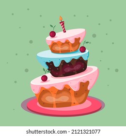 Cartoon birthday cake. Funny flat style. cake with chocolate, candles, sweet cream and icing, Vector illustrations isolated on white.Birthday card.