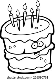 A cartoon birthday cake happy and smiling.