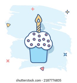 Cartoon birthday cake icon in comic style. Fresh pie muffin sign illustration pictogram. Cupcake business concept.