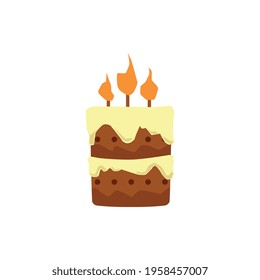 Cartoon birthday cake with lit candles isolated on white background - brown chocolate dessert food with yellow icing and burning fire, flat vector illustration
