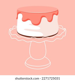 Torta de cumpleaños de caricatura en un stand vacío para el diseño de la celebración. Colorida ilustración vectorial de dibujos animados. Dulce comida de vacaciones.