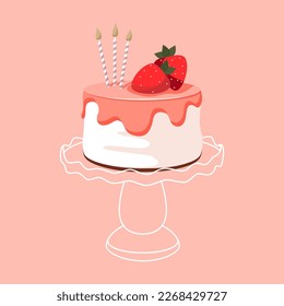 Cartoon birthday cake with pink icing, strawberry and candles stand for celebration design. Colorful cartoon vector illustration. Sweet holiday food.