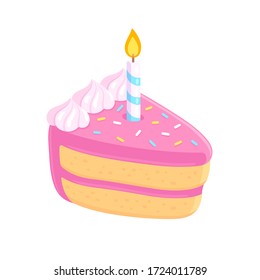 Cartoon birthday cake slice with candle, pink frosting and sprinkles. Happy Birthday greeting card design element. Isolated vector clip art illustration.