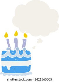 cartoon birthday cake with thought bubble in retro style