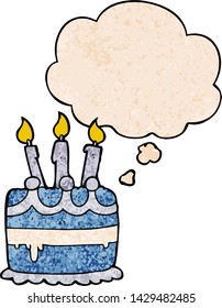 torta de cumpleaños de dibujos animados con burbuja de pensamiento al estilo de textura gruesa