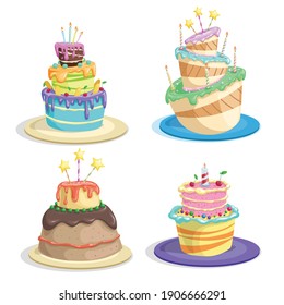Cartoon birthday cakes set. Funny flat style. cakes with chocolate, candles, sweet cream and icing, Vector illustrations isolated on white.