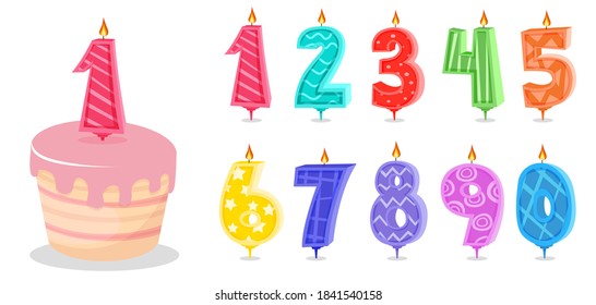 Cartoon birthday candles and anniversary numbers candle. Celebration cake candles burning lights, birthday number and party candle. Vector illustration