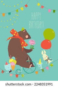 Cartoon Birthday card with Cute Bear riding Bicycle, Funny Cat , Rabbit and Mouse