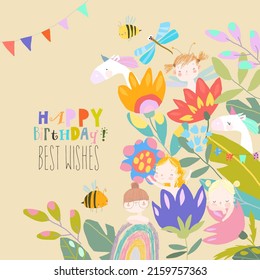 Cartoon Birthday Card with Summer Flowers, Cute Fairies and Unicorns.