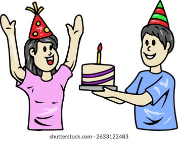 Cartoon birthday celebration with cake and party hats