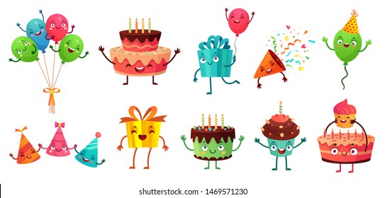 Cartoon birthday celebration set. Party balloons with funny faces, happy birthday cake and gifts mascot. Birth greeting card decoration character. Isolated vector illustration icons set