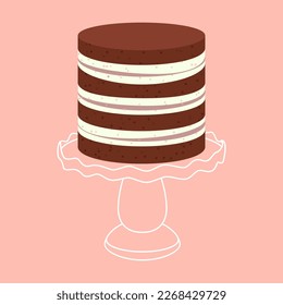 Cartoon birthday chocolate brownie cake on white empty stand for celebration design. Colorful cartoon vector illustration. Sweet holiday food.