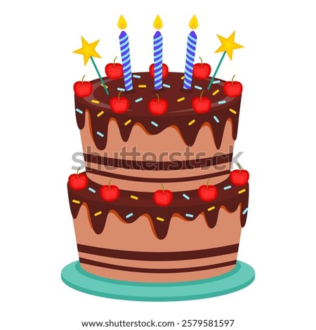 Cartoon Birthday chocolate cake isolate vector illustration.