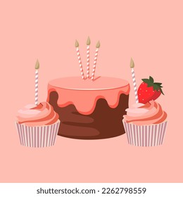 Cartoon birthday chocolate cake with pink icing, pink cupcake muffin with strawberry and candles stand for celebration design. Colorful cartoon vector illustration. Sweet holiday food. svg