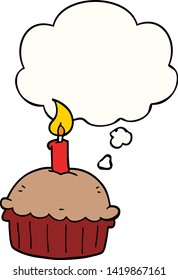 cartoon birthday cupcake with thought bubble