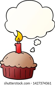 bolinho de aniversário de desenho animado com bolha de pensamento em estilo gradiente suave