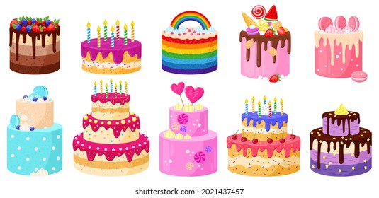 Cartoon Birthday holiday party celebration delicious cakes. Happy Birthday chocolate and strawberry candles cakes vector illustration set. Birthday decorated desserts with rainbow, hearts and macaroon