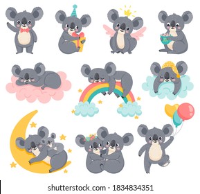 Cartoon Birthday Koalas. Lazy Koala Sleeping On Cloud. Cute Australian Animals With Balloons. Baby Shower Bear. Kids Room Decor Vector Set. Illustration Baby Lazy Koala, Bear On Cloud With Rainbow