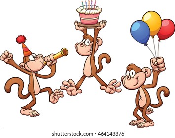 Cartoon birthday monkeys. Vector clip art illustration with simple gradients. Each on a separate layer. 