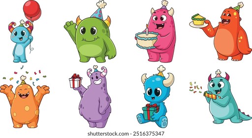 Monstros do aniversário de desenhos animados. As ilustrações vetoriais são agrupadas com cada imagem em uma camada separada.