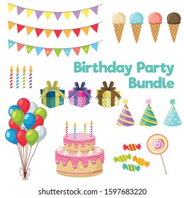 Cartoon birthday party bundle. colorful balloons and birthday gifts. Delicious dessert cakes. Delicious Ice cream. Sweet candy. solated vector illustration set.