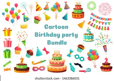 Cartoon birthday party bundle. Sweet celebration cupcakes, colorful balloons and birthday gifts. Delicious dessert cakes, princess carnival items. Isolated vector illustration signs set