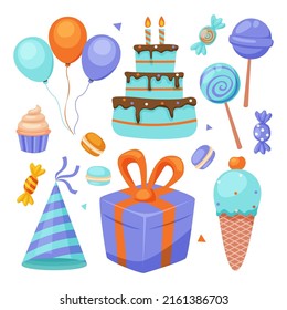 Cartoon birthday party bundle. Sweet celebration cupcakes, colorful balloons and birthday gifts. Delicious dessert cakes