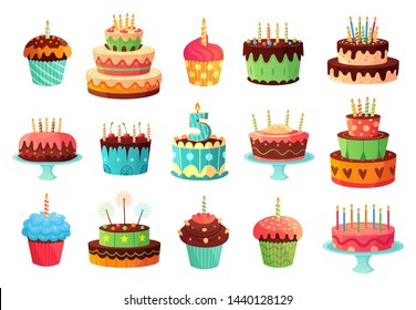 Cartoon birthday party cakes. Sweet baked cake, colourful cupcakes and celebration cakes. Birthdays holiday dessert, anniversary cake and cupcake decoration. Isolated vector illustration icons set