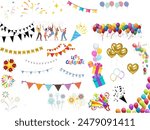 Cartoon Birthday party celebration balloons,carnival party decorations,candy and candles vector illustration set,anniversary gif ribbon best new 