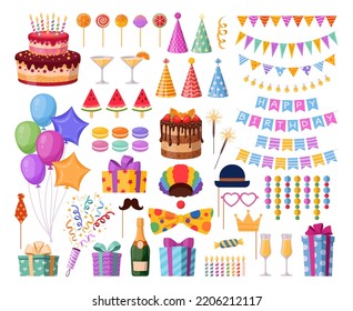 Cartoon Birthday party decorations, festive HB elements. Happy birthday cake, balloons, candles, garlands and sweets flat holiday vector illustrations set. Carnival party celebration collection