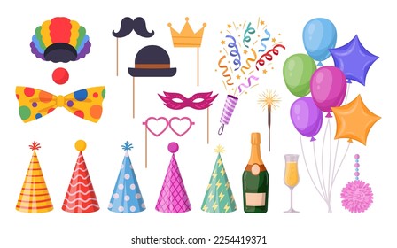 Cartoon Birthday party decorations. Festive HB photo booth elements and balloons, carnival party flat vector illustration set