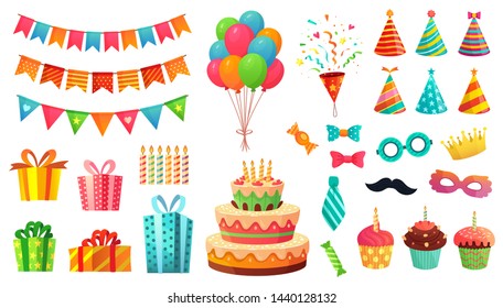 Cartoon birthday party decorations. Gifts presents, sweet cupcakes and celebration cake. Colorful balloons, carnival celebration food and candy. Isolated vector illustration icons set