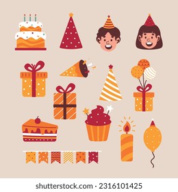Cartoon birthday party decorations. Gifts presents, sweet cupcakes and celebration cake. Colorful balloons, carnival celebration food and candy. Isolated vector illustration icons set