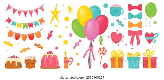 Cartoon birthday party decorations. Gifts presents, sweet cupcakes and celebration cake. Colorful balloons, carnival celebration food and candy. Isolated vector illustration icons set,white background