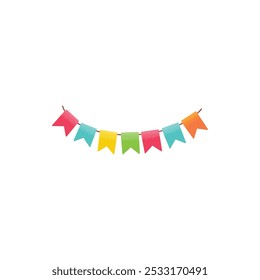 Cartoon birthday party decorations. Gifts presents, sweet cupcakes and celebration cake. Colorful balloons, carnival celebration food and candy. Isolated vector illustration icon white background