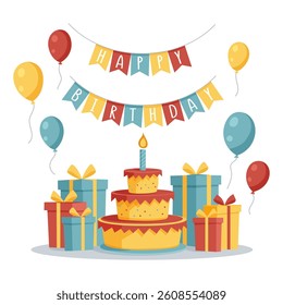 Cartoon birthday party decorations. Gifts presents and celebration cake. Colorful balloons. Isolated vector illustration icons set. 