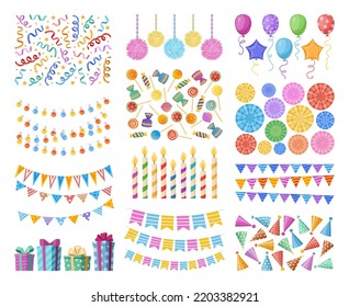 Cartoon birthday party elements, balloons, garlands, candles and gift boxes. Festive stars confetti, wrapped gifts and candles flat vector Illustration set. Birthday party elements collection