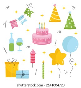 Cartoon birthday party elements set