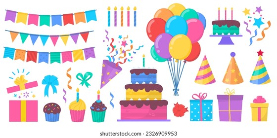 Cartoon Birthday Party Elements Set. Vector Illustration for Festive Celebrations with cake, flags, hat, balloons, gifts, confetti, ribbons and cupcakes on white background. Party clip art set.