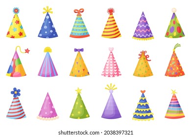 Cartoon birthday party hats, holiday celebration paper cones. Funny christmas striped party caps with colorful decorations vector set. Carnival or festival paper caps with stars, spots