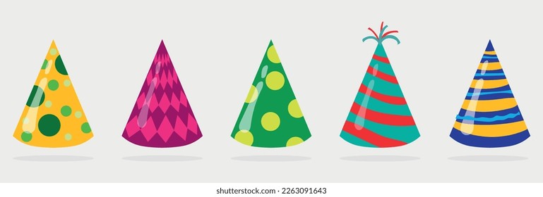 Cartoon birthday party hats, holiday celebration paper cones. Funny christmas striped party caps with colorful decorations vector set. Carnival or festival paper caps with stars, spots