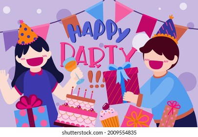 Cartoon birthday party people. Man and woman has birthday party at home. Birthday party decoration with balloon and shoot colorful confetti. Party has food, drink and cake. Celebration Cartoon vector